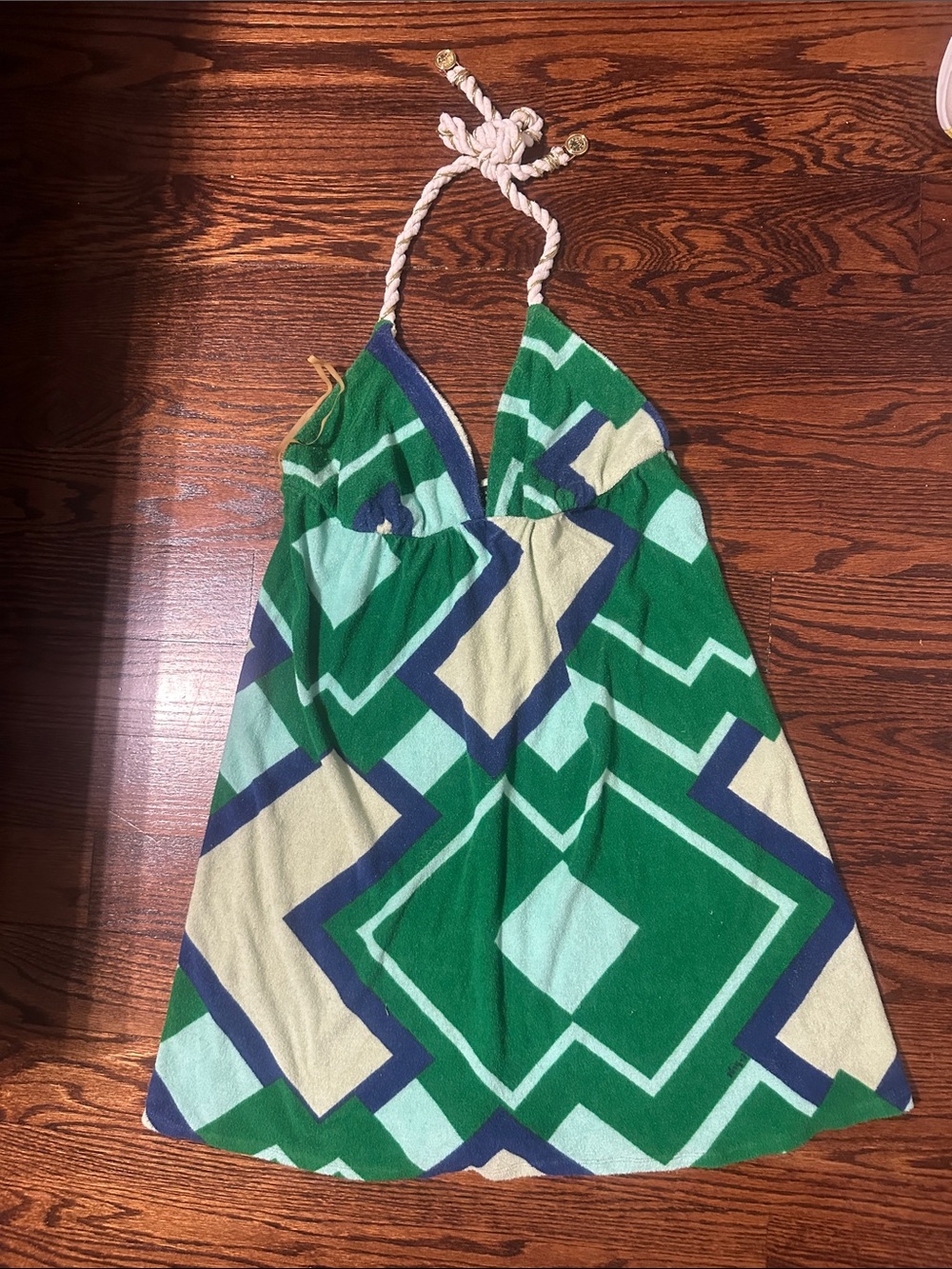 T-Bags Green Geometric Halter Mini Dress with Blue and Cream Accents